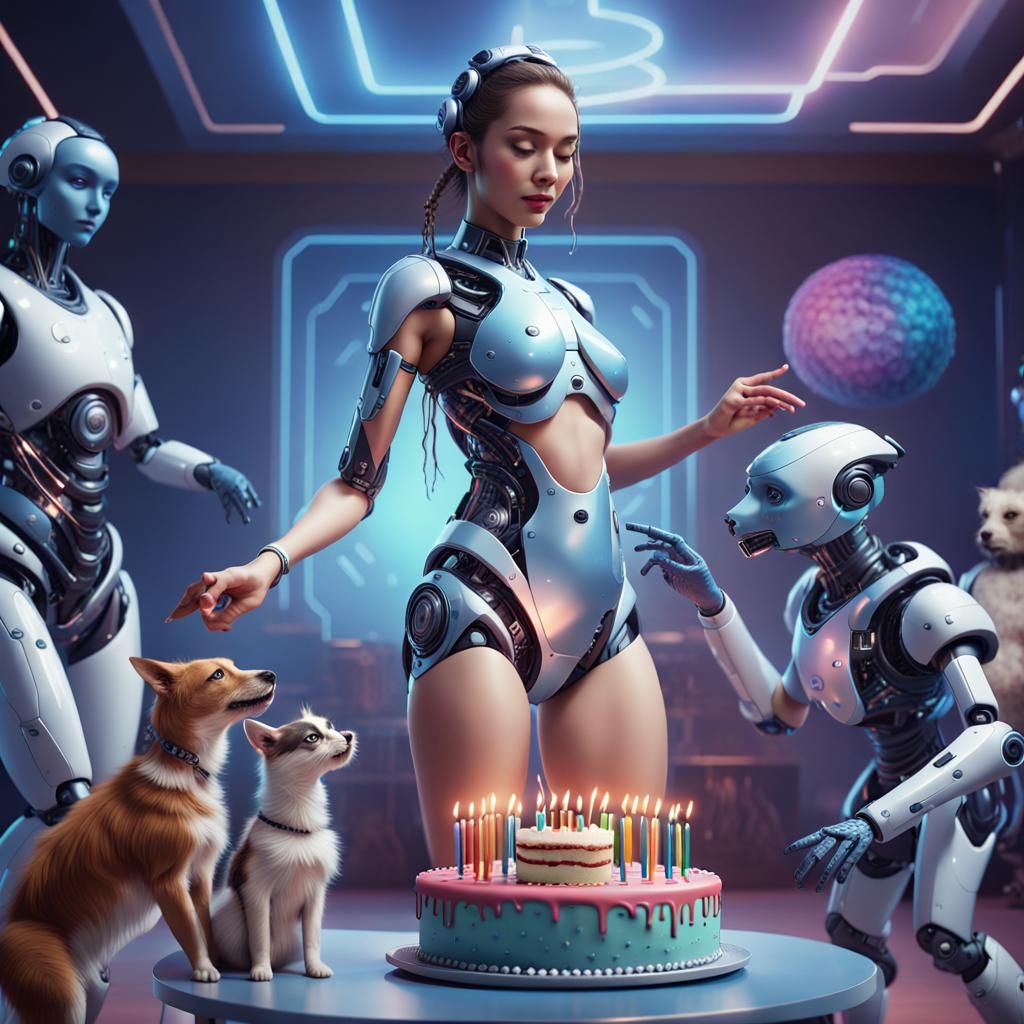 Futuristic AI Woman Dancing with Pet