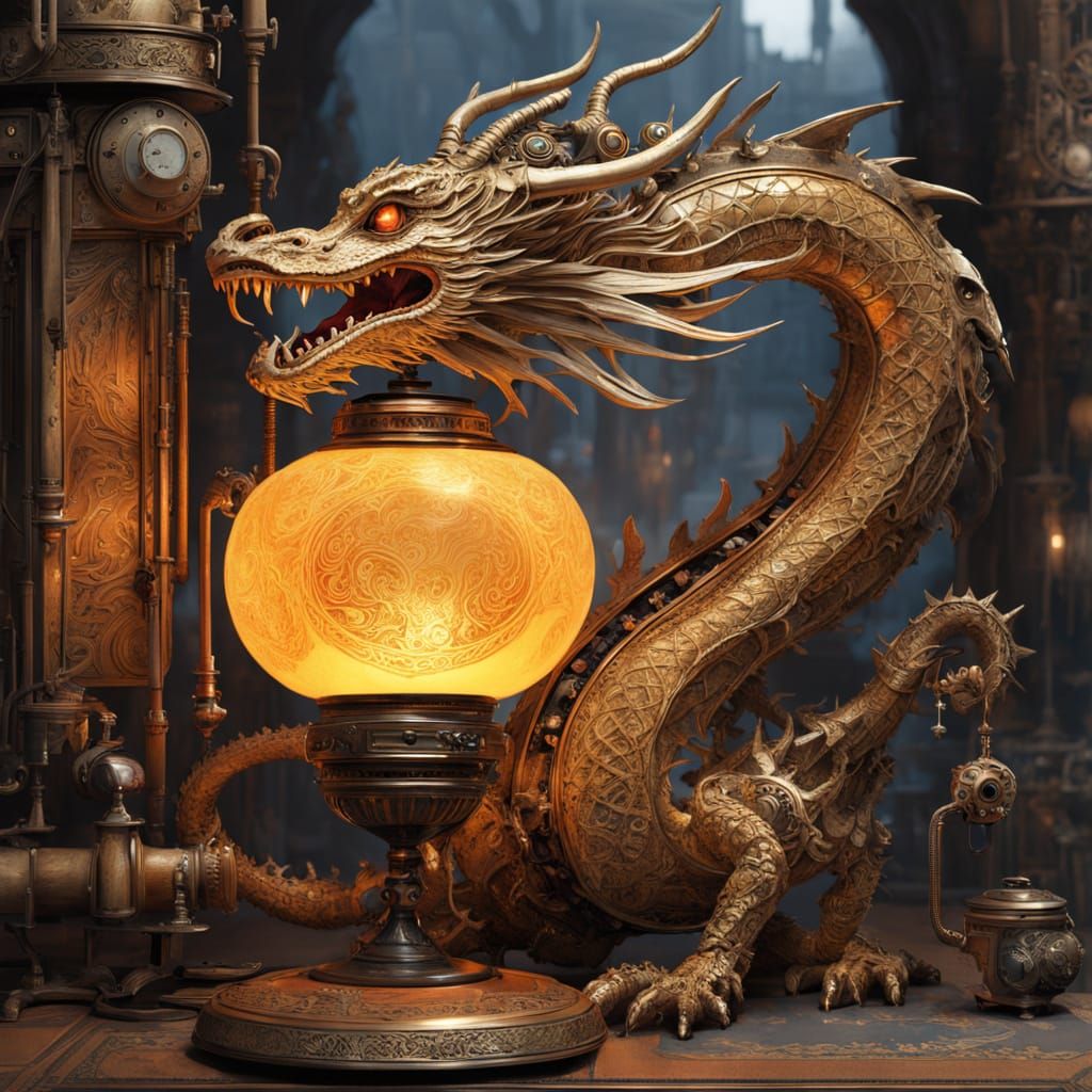 Golden Steampunk Dragon Emerges from Elegant Lamp