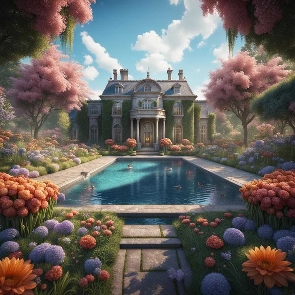 Swimming Pool in Flower Garden: Detailed Matte Painting