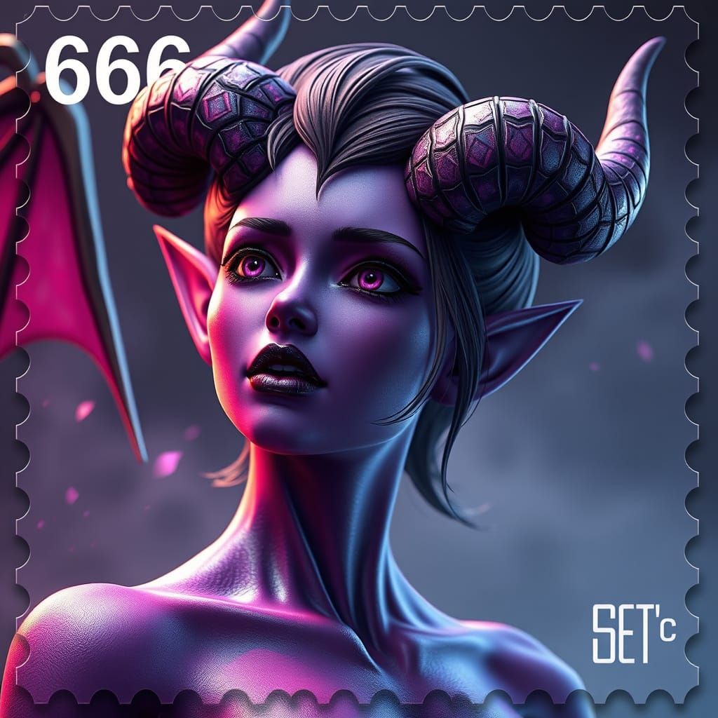 Postage Stamp Art: Purple Devil in Anime Style