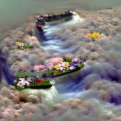 Boat Sailing on a River of Clouds with Flowers