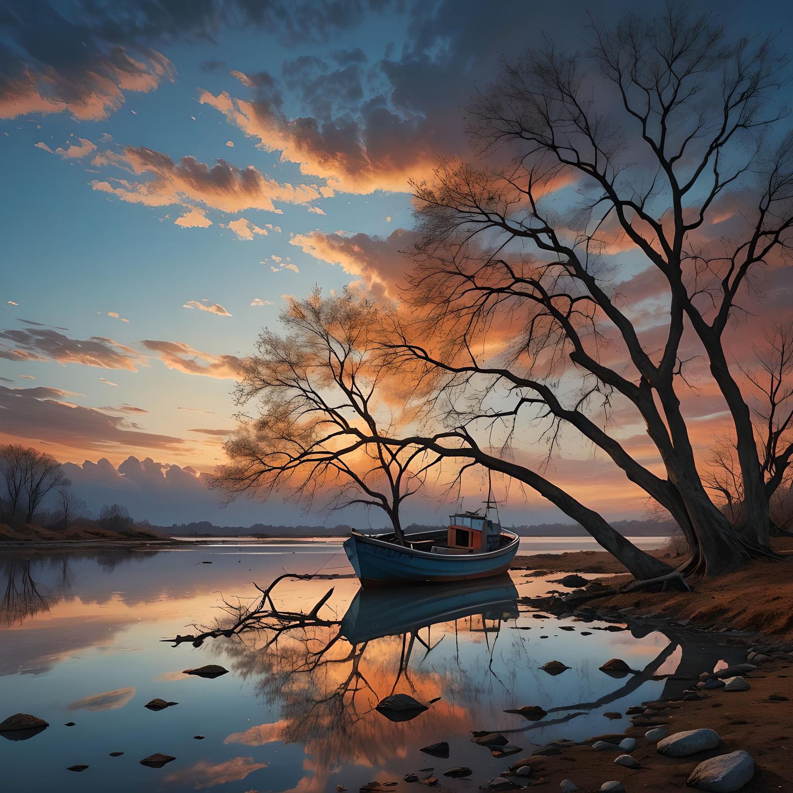 Vibrant Sunset Over Lagoon with Abandoned Boat