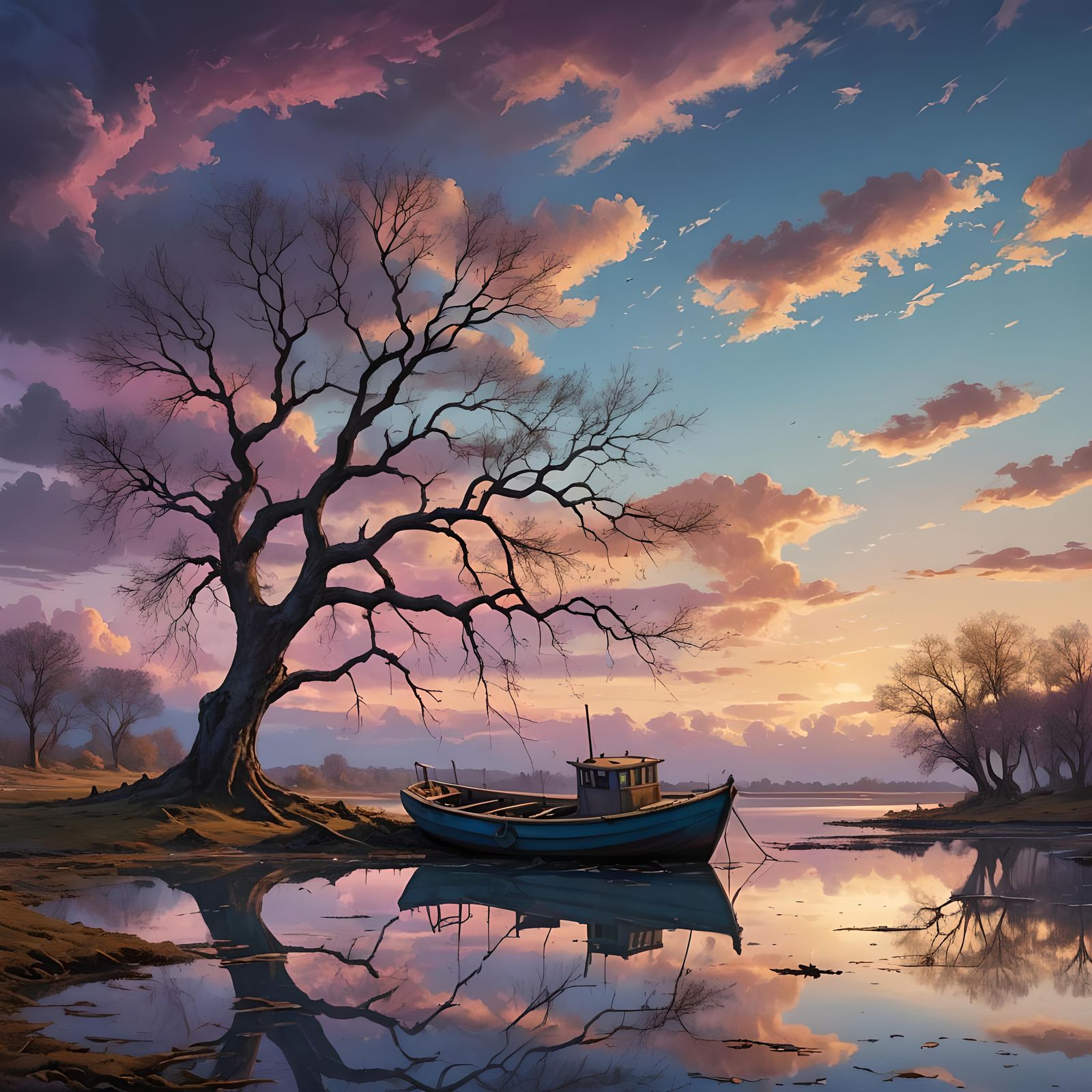 Vibrant Sunset Over Lagoon with Fishing Boat