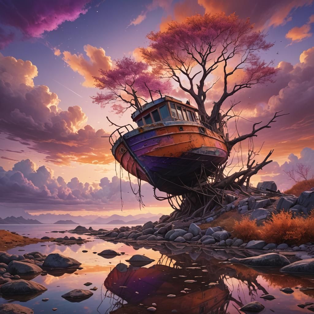 Abandoned Boat on Lagoon Shore in Fantasy Art