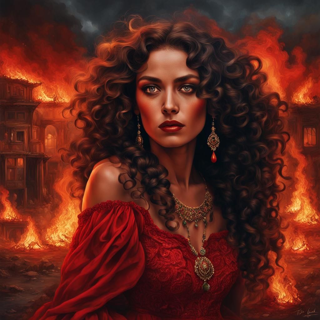 Beautiful Gypsy Woman Holds Flame in Burning Town