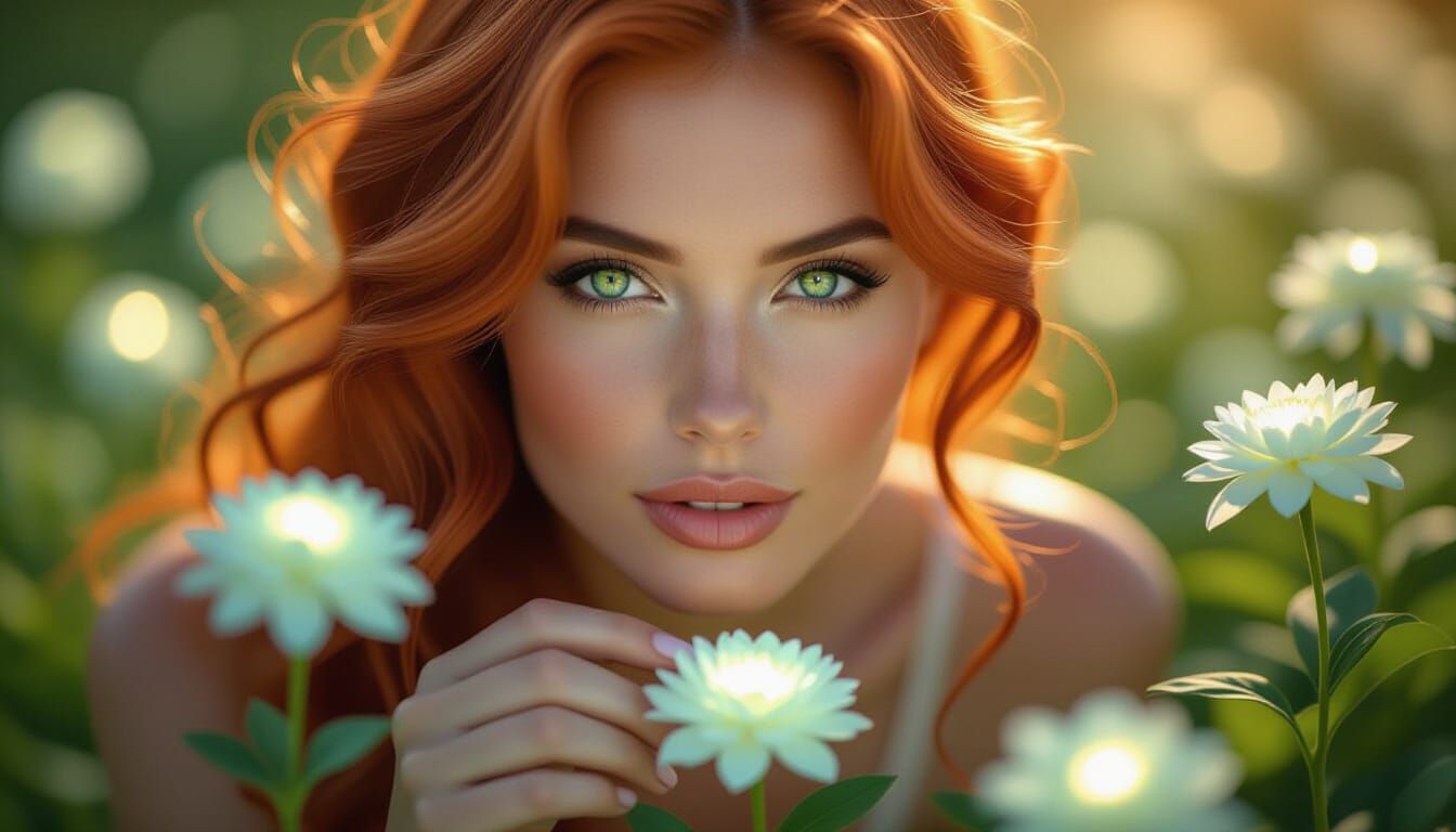 Woman With Glowing Red Hair Tends Bioluminescent Garden