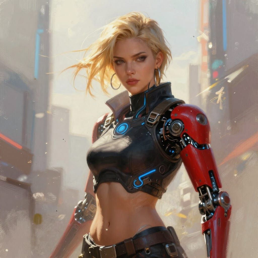 Cyberpunk Woman with Red Cybernetic Arm in City