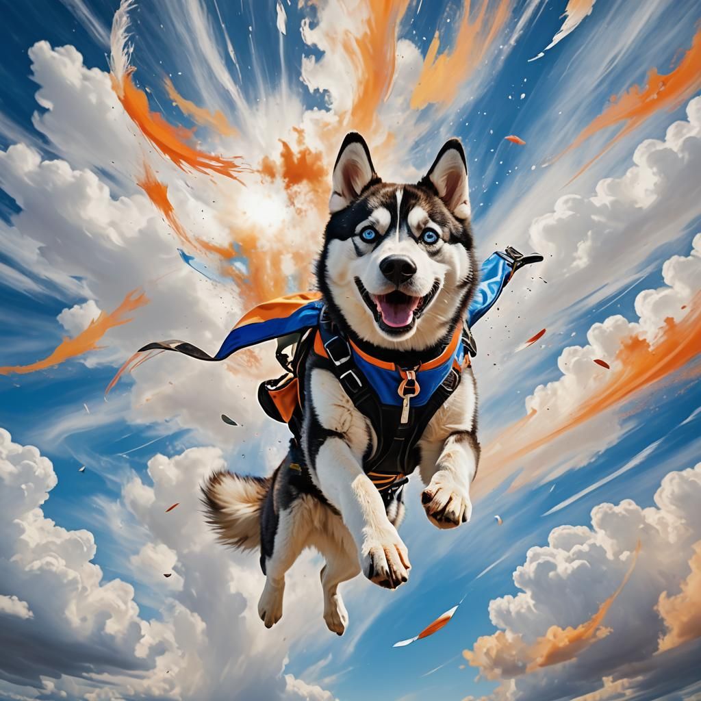 Husky Skydiving in Abstract Expressionist Style