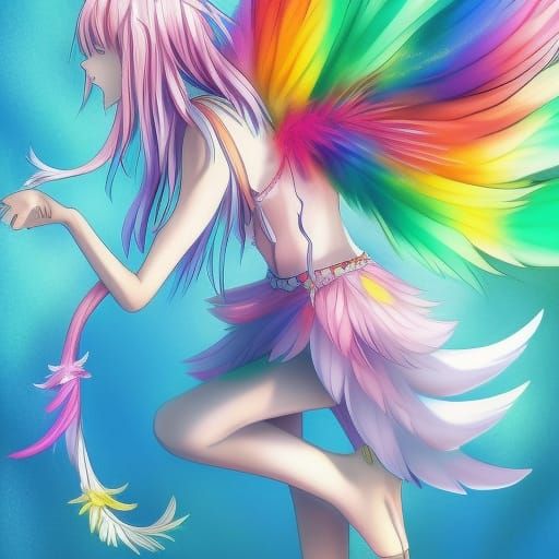 Rainbow Feathered Tooth Fairy in Anime Style