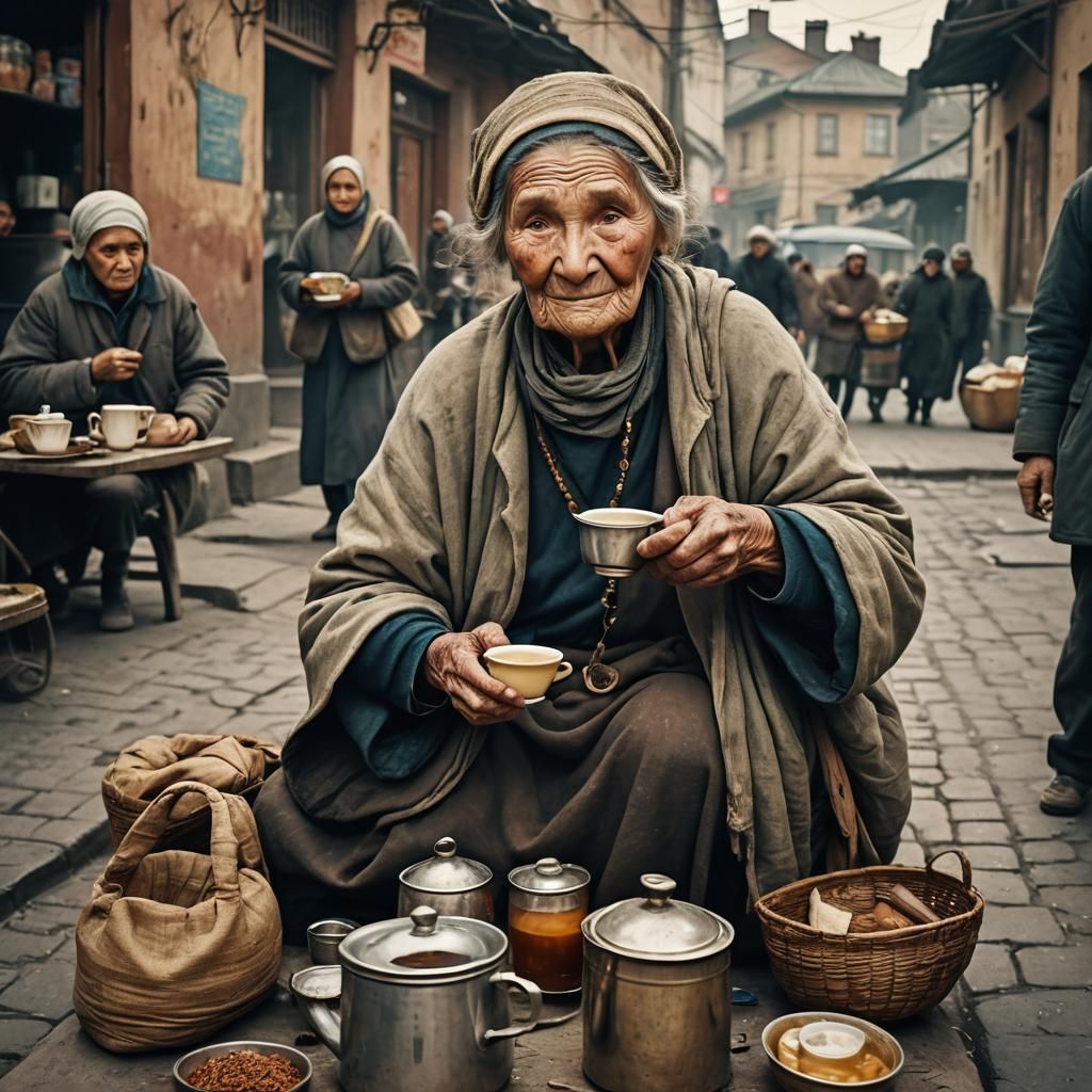 Old Russian Woman Selling Tea, Cinematic Film Still
