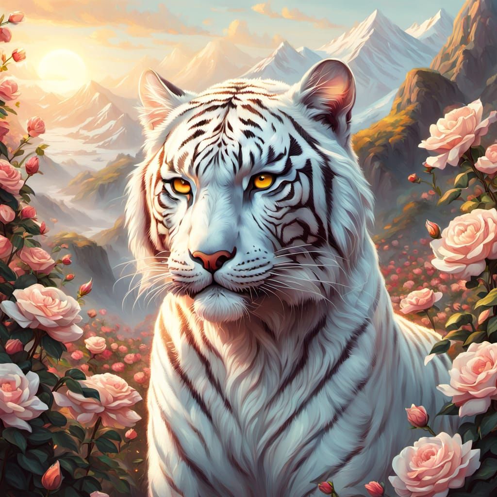 White Tiger in Rose Mountain: Vibrant Digital Art
