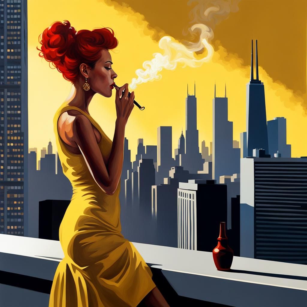 Woman Smoking Pipe on Chicago Rooftop Painting