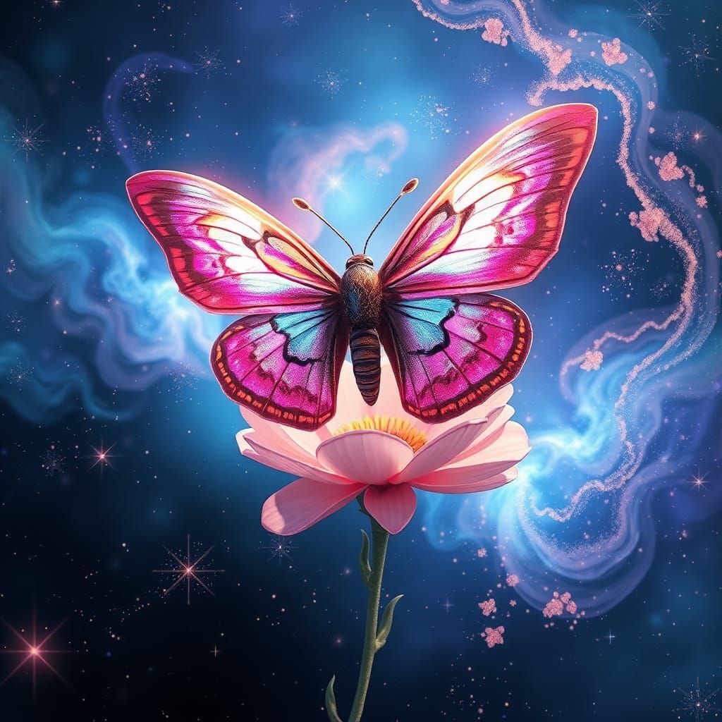 Iridescent Galaxy Moth on Astral Flower in Fantasy Style