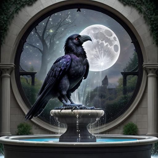 Raven in Moonlight Over Abandoned Estate