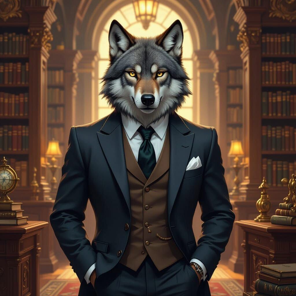 Anthropomorphic Wolf in Library, Norman Rockwell Style