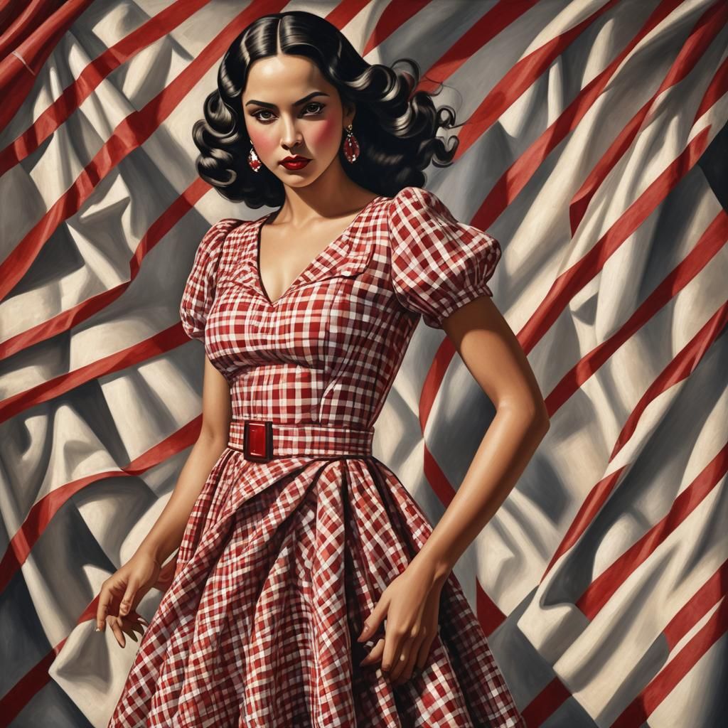 Latino Woman in Red Gingham Dress, Art Deco Style