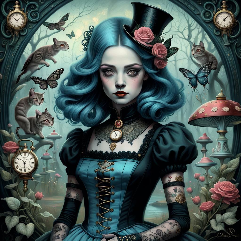 Alice in Wonderland in Steampunk Tattoo Style