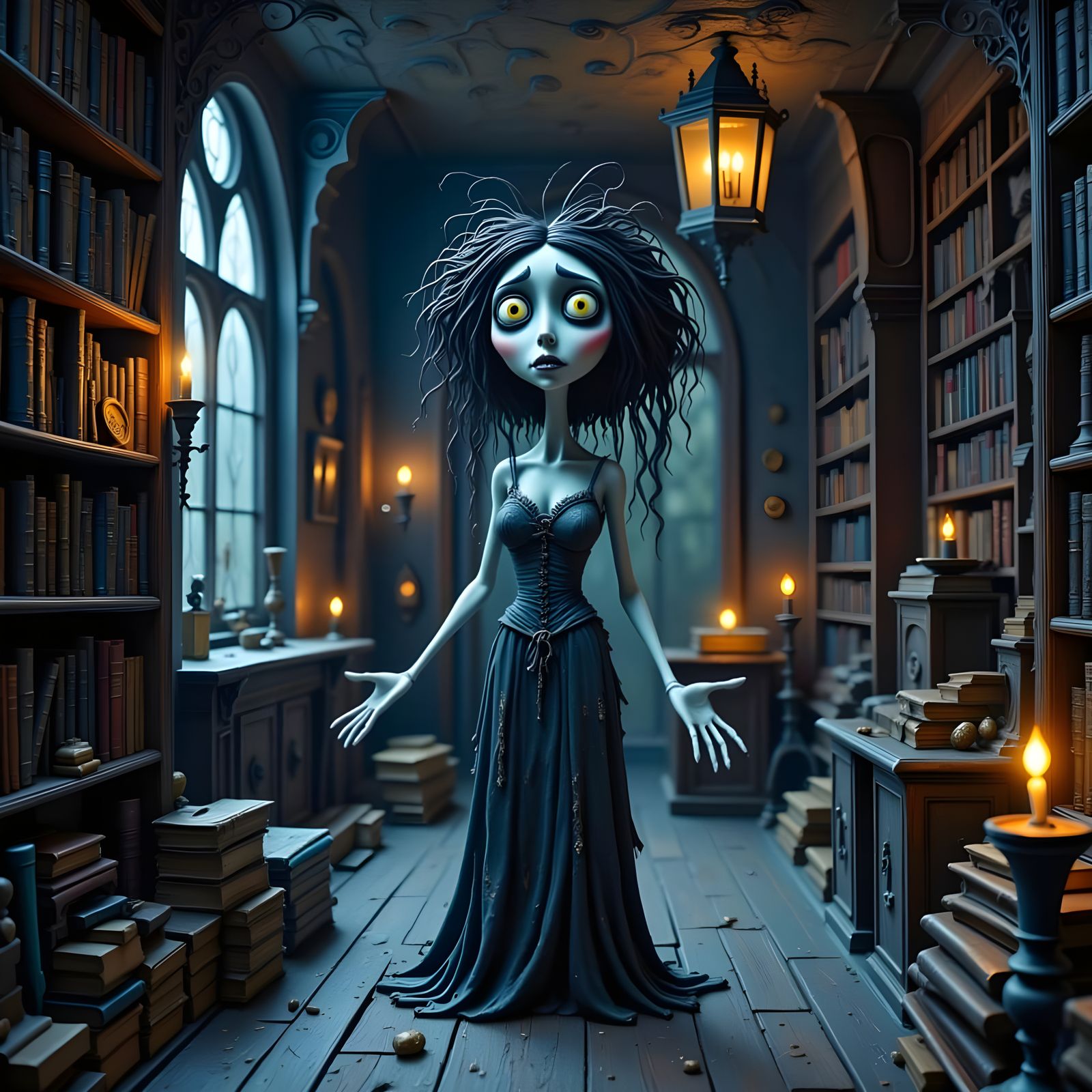 Ethereal Zombie Haunting Dusty Attic in Claymation Style