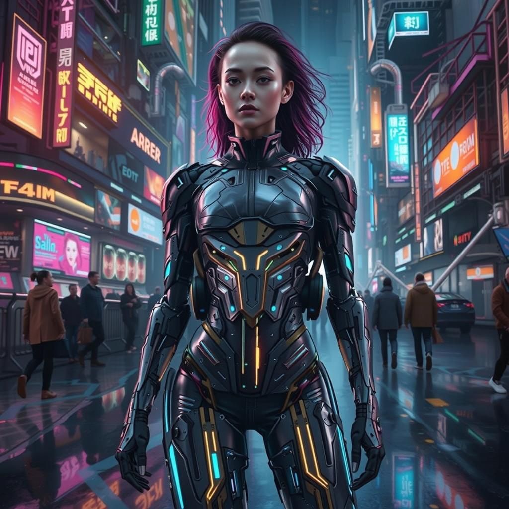 Cyborg Woman in Futuristic Cityscape Art