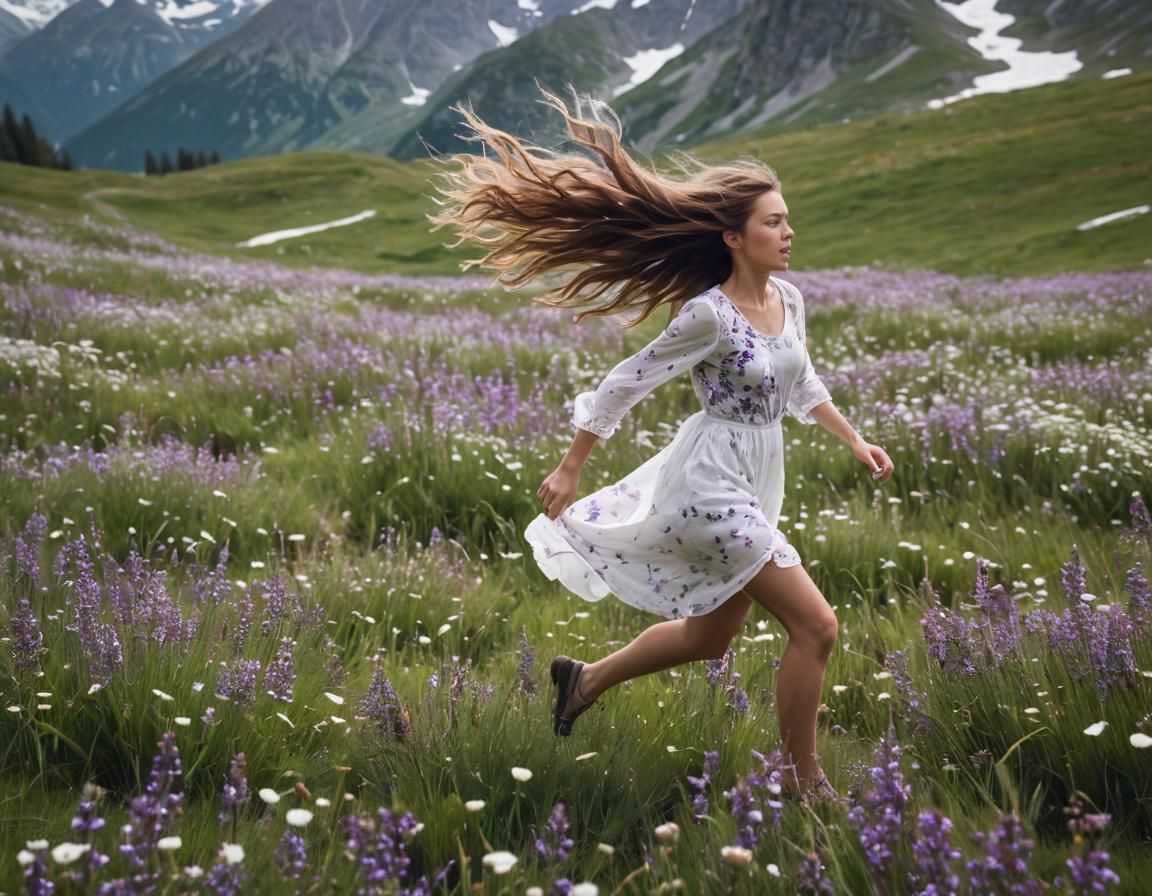 Girl Running in Alpine Meadow: 8K Photography