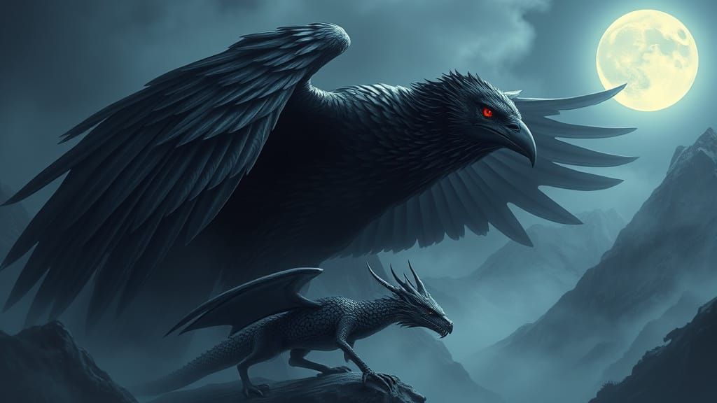 Giant Raven Guards Dragon in Misty Landscape