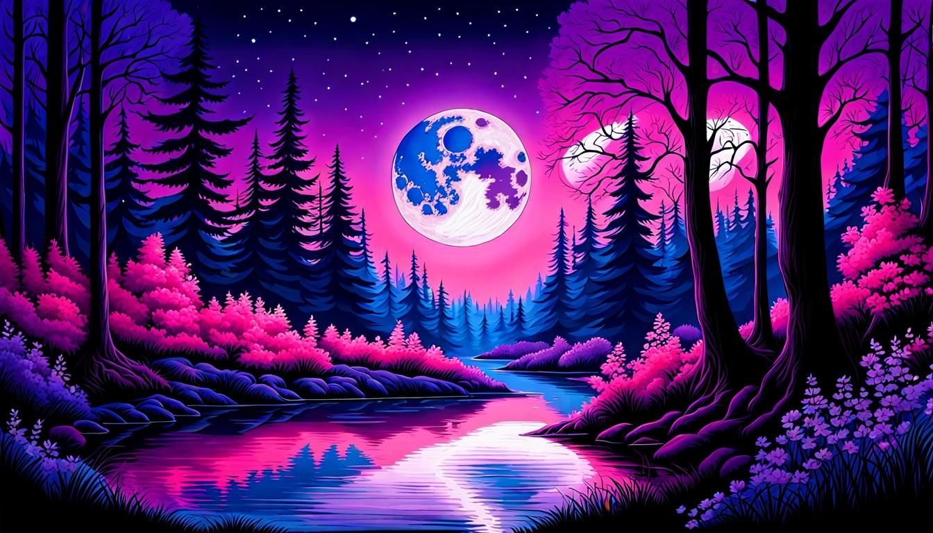 Forest Creek Under Milky Way in Watercolor Style