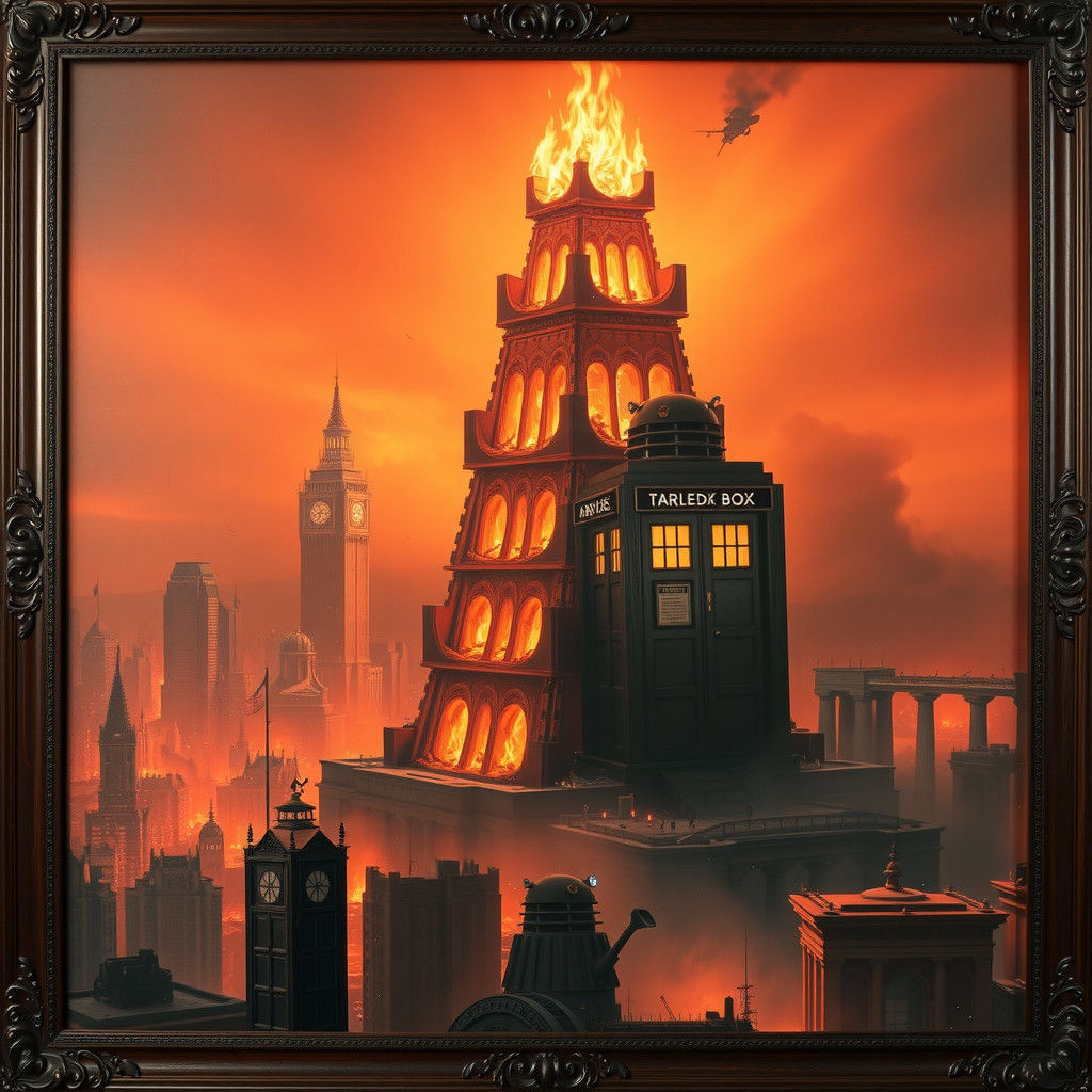 Burning Ziggurat Over Dark Metropolis