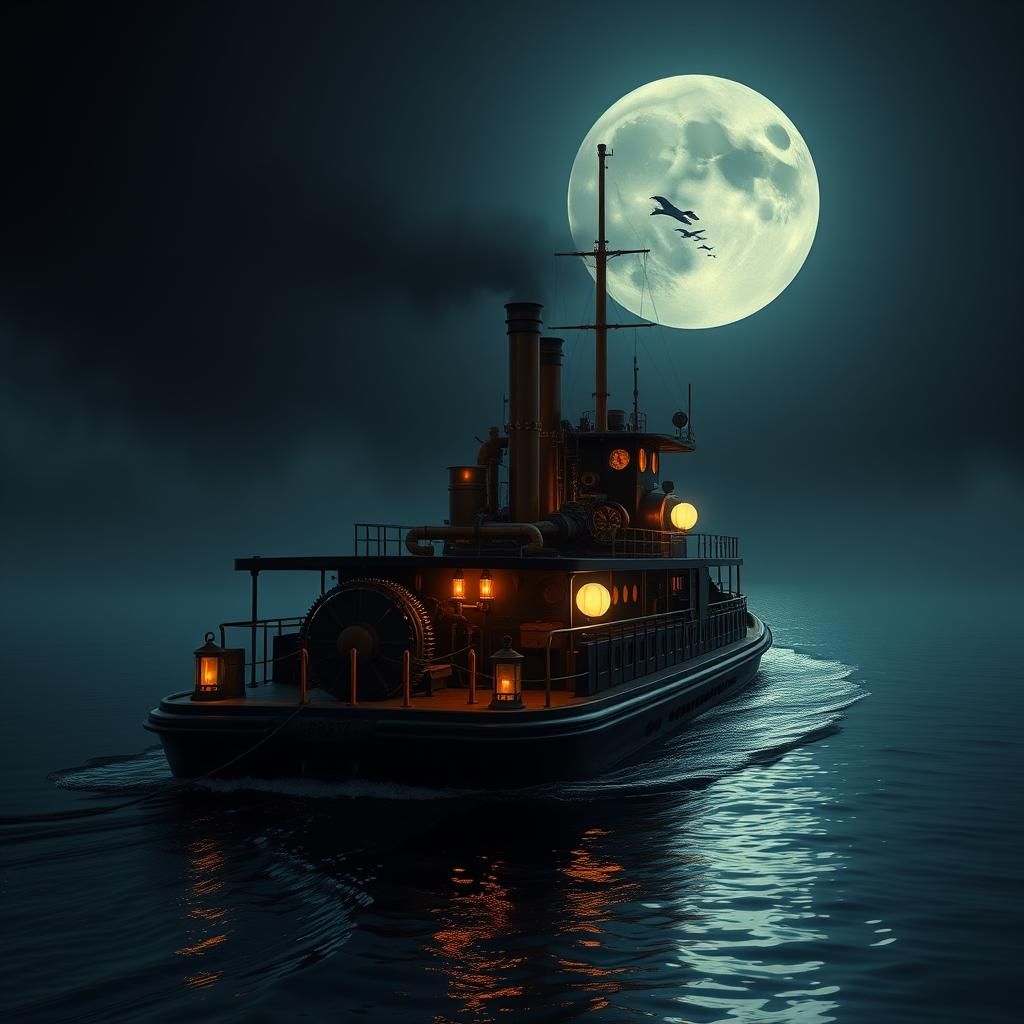 Steampunk River Barge Navigating Moonlit Waters
