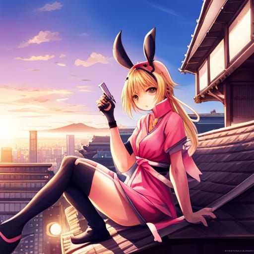 Blonde Ninja Bunny on Japanese Roof in Anime Style