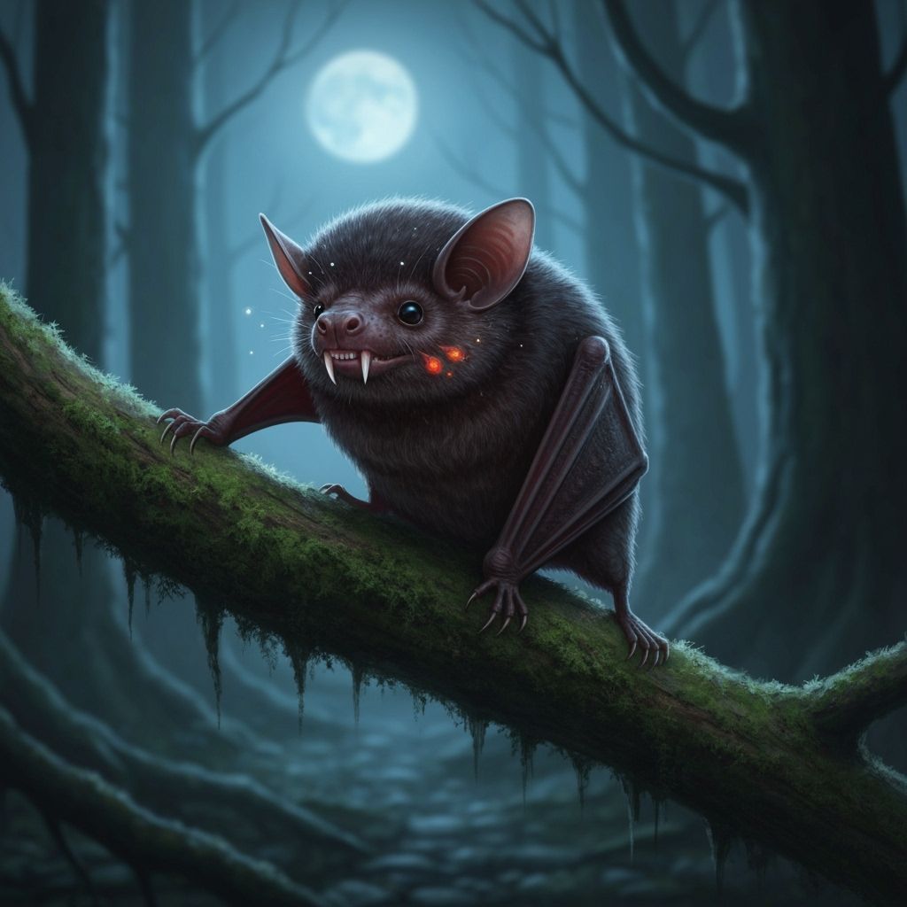 Concept art. Medium shot. A sanguivore bat is perched on a m...