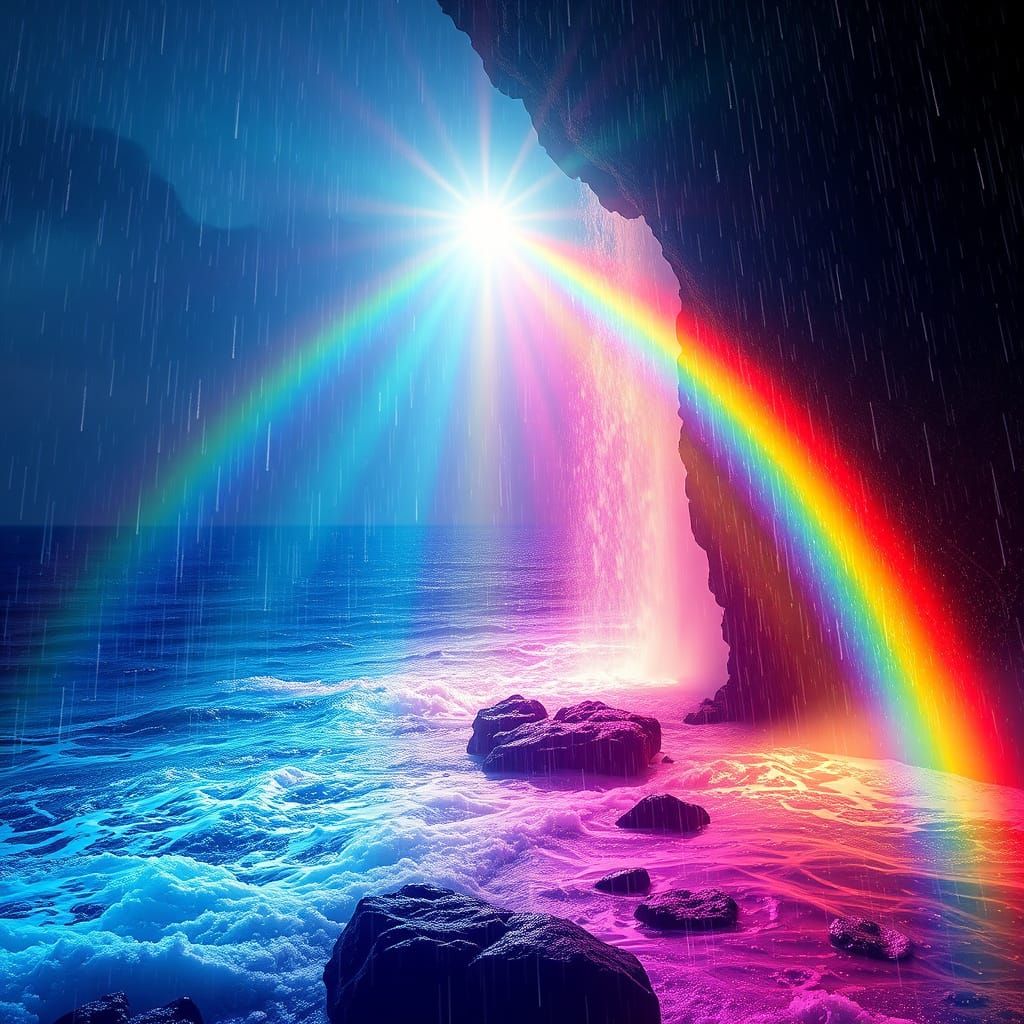 Luminescent Rainbow Raindrops Cascade into Rainbow Ocean