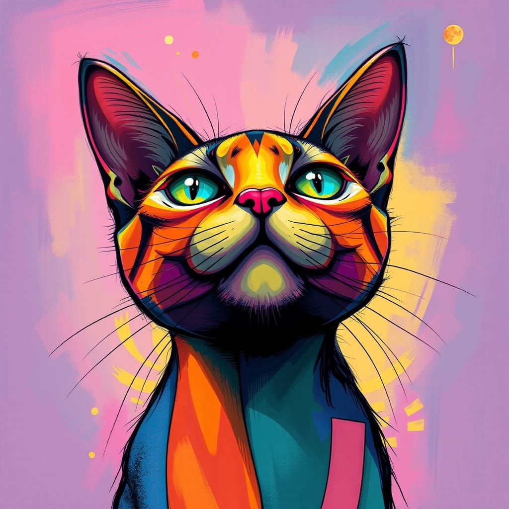 Vibrant Abstract Cat in Neon and Pastel Hues, Inspired by Mo...