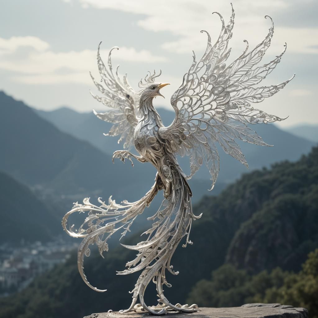 Ethereal Silver Phoenix in Rococo Filigree