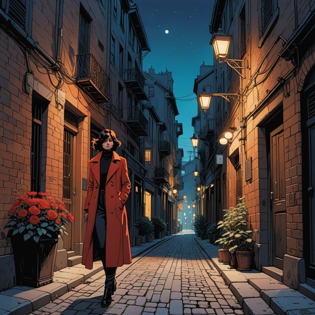 Elegant Nighttime Scene in Monochrome Line Art