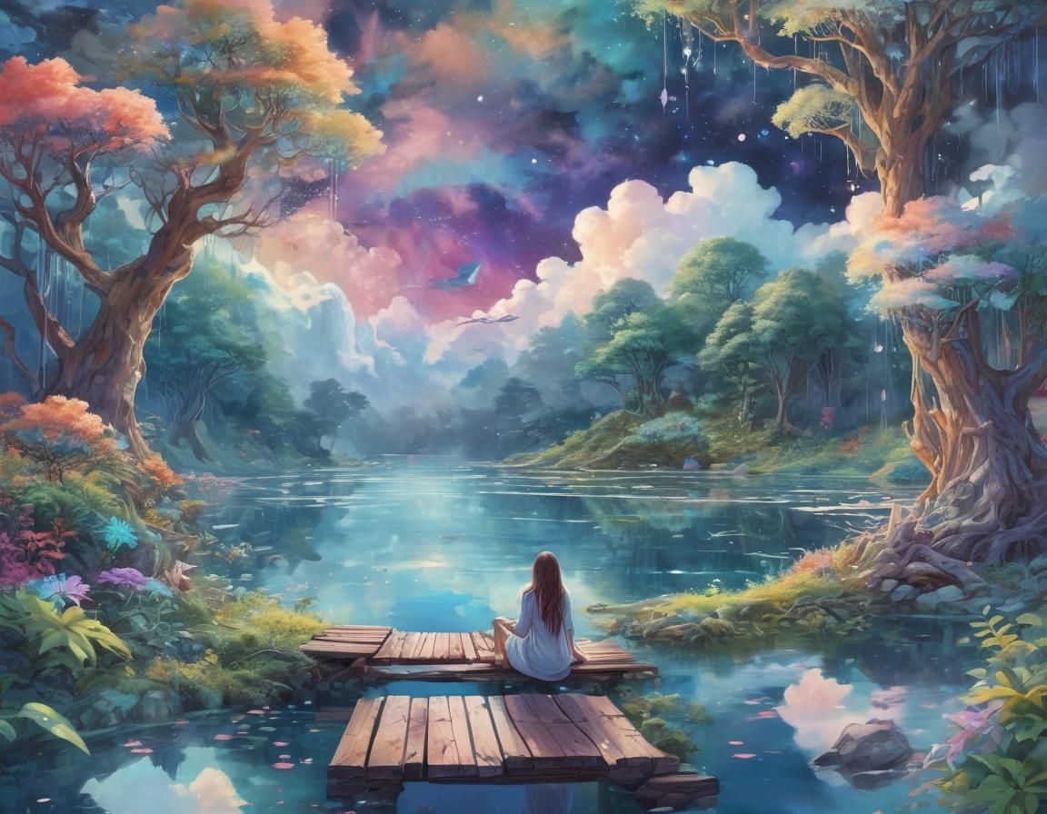 Enchanted Celestial Realm with Vibrant Sapphire Gems and Whi...