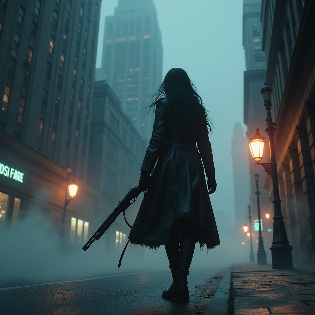 Fierce Female Vampire Hunter in Cinematic Noir Cityscape