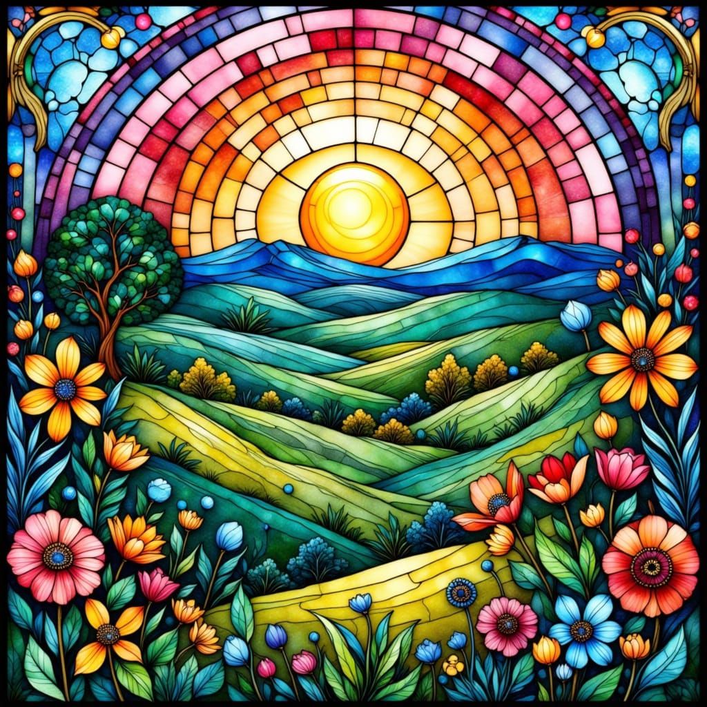 Stained Glass Countryside Landscape in Art Nouveau Style