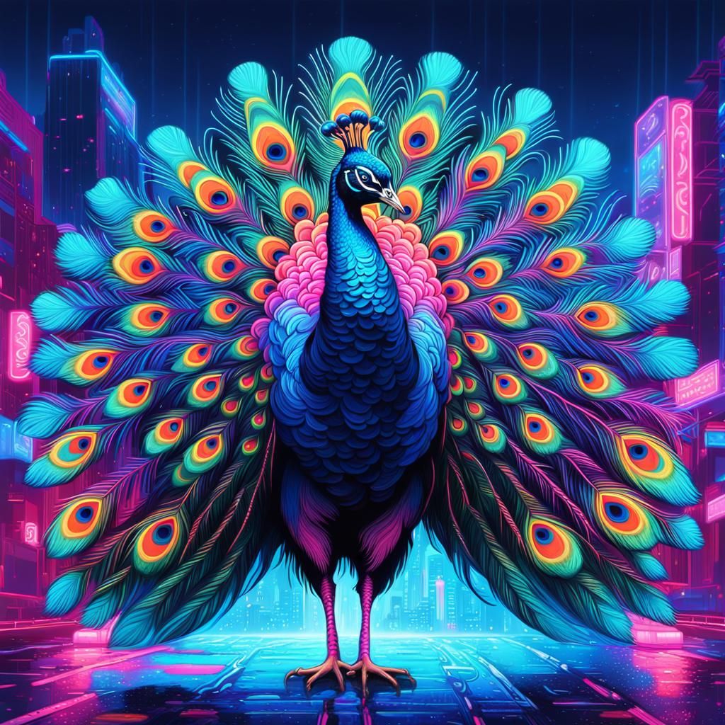 Neon Synthwave Peacock in Futuristic Cityscape