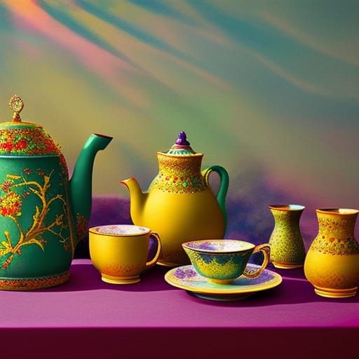 Fantasy Still Life: Teapot and Cups in Surreal Style