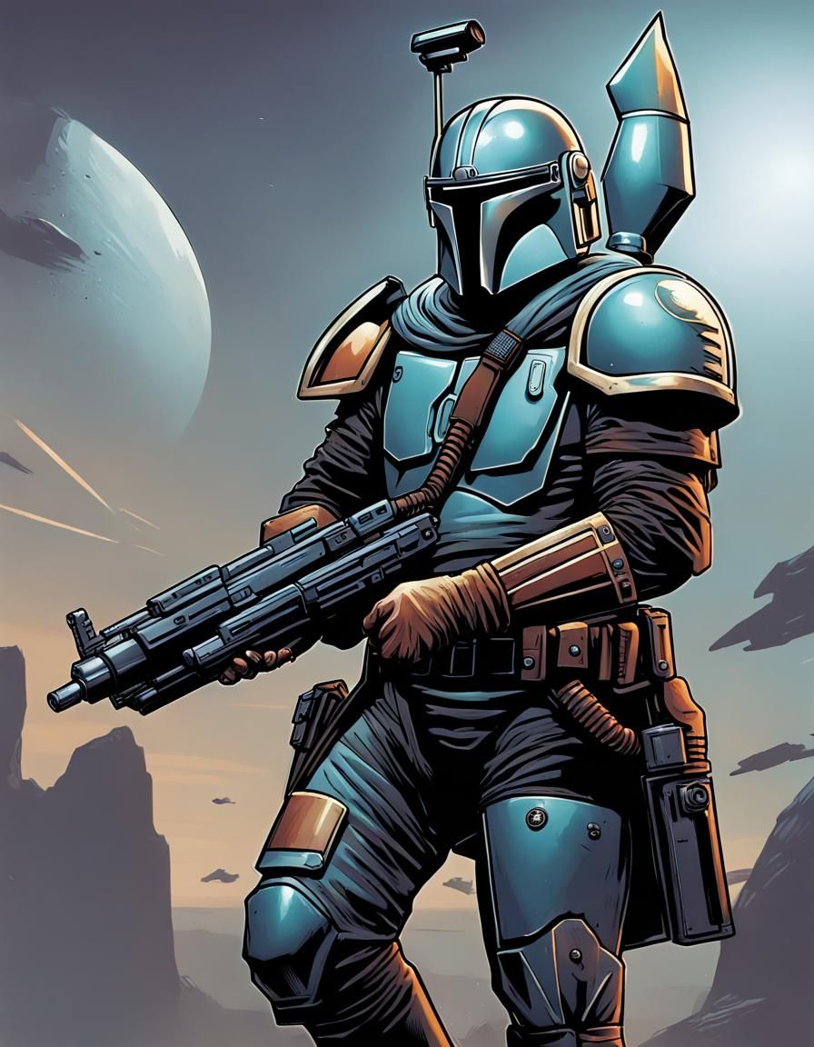 Mandalorian Bounty Hunter with Jetpack, Comic Book Art