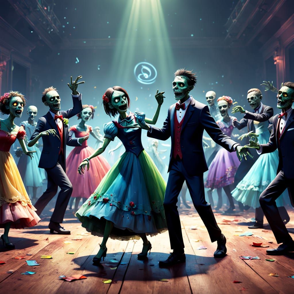 Zombies Dance at Prom in Vibrant 3D Digital Art