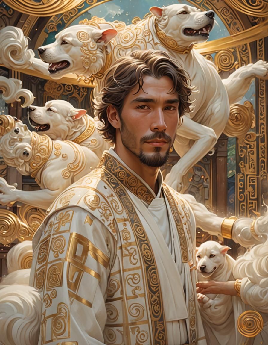 Monk and Woman Embrace in Digital Art Deco Style