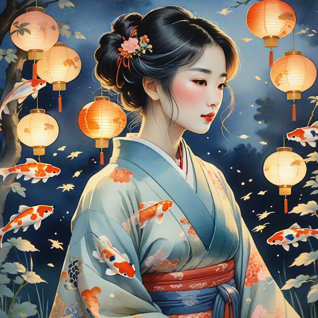 Japanese Woman in Twilight Garden: Ukiyo-e Watercolor