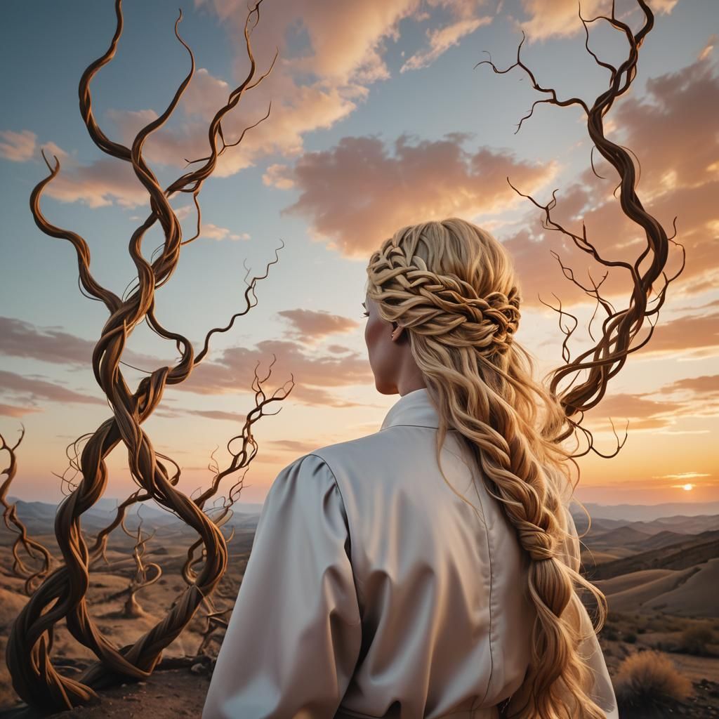 Surreal Braid Merges with Sunset Landscape