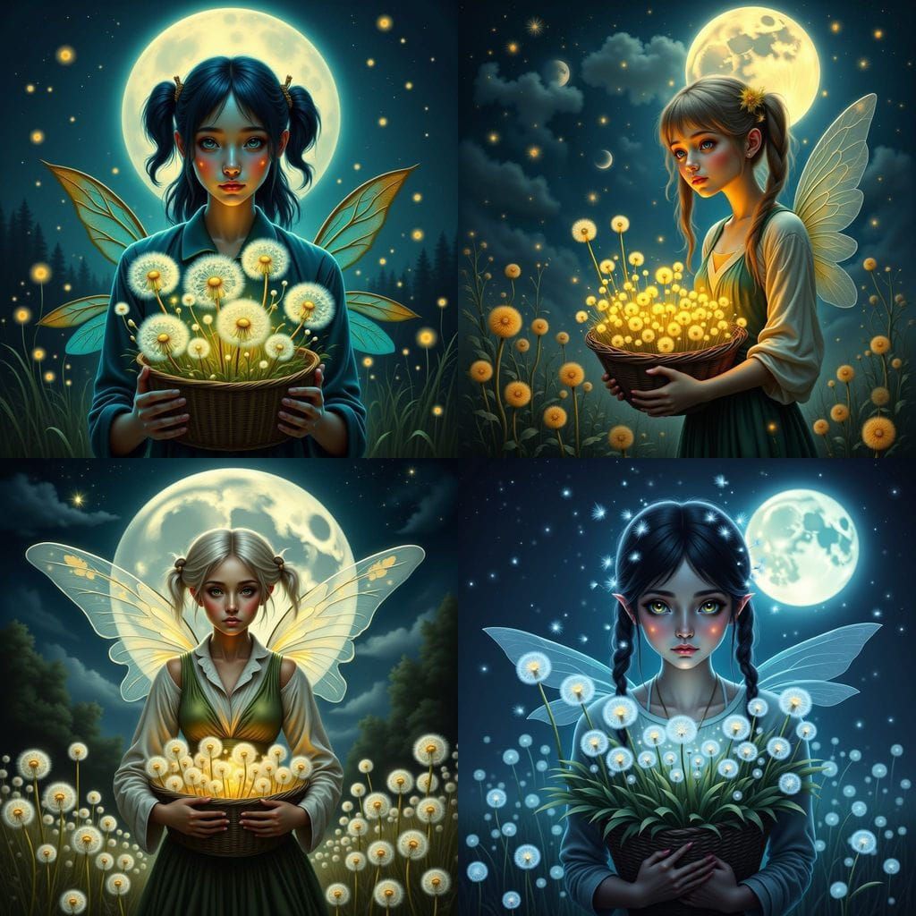Glowing Dandelion Fairies Under a Full Moon