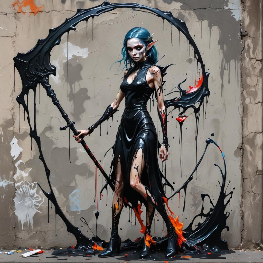 Elf with Scythe in Glass: Graffiti Art Style