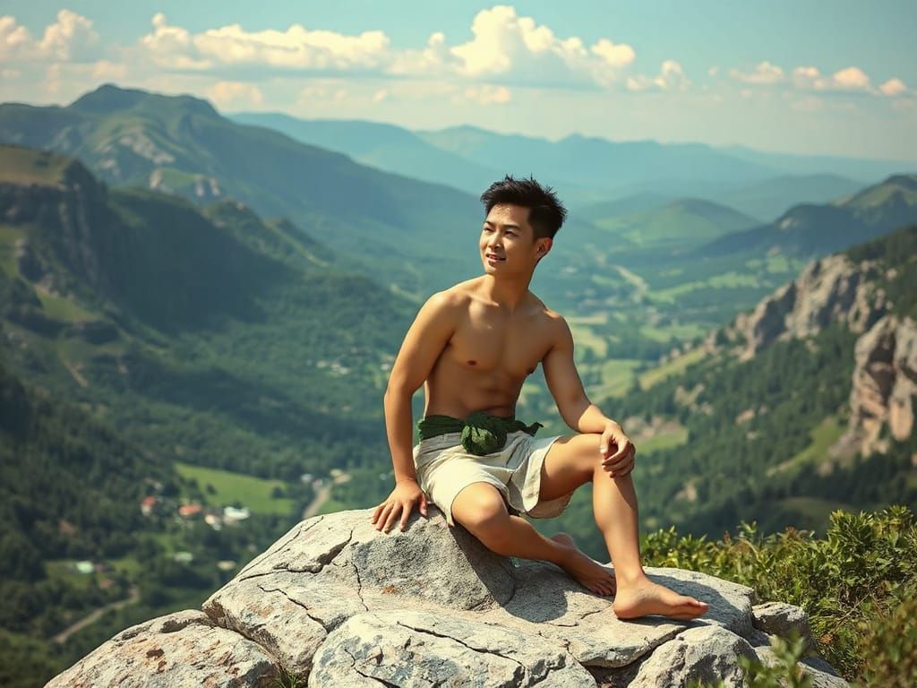 Serene Asian Man Overlooking Enchanting Valley