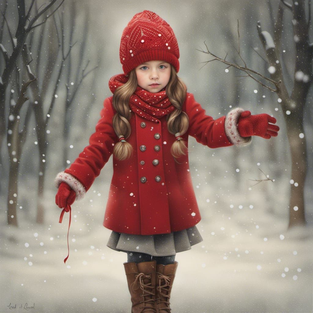 Child in Red Coat Playing in Snow, Storybook Illustration