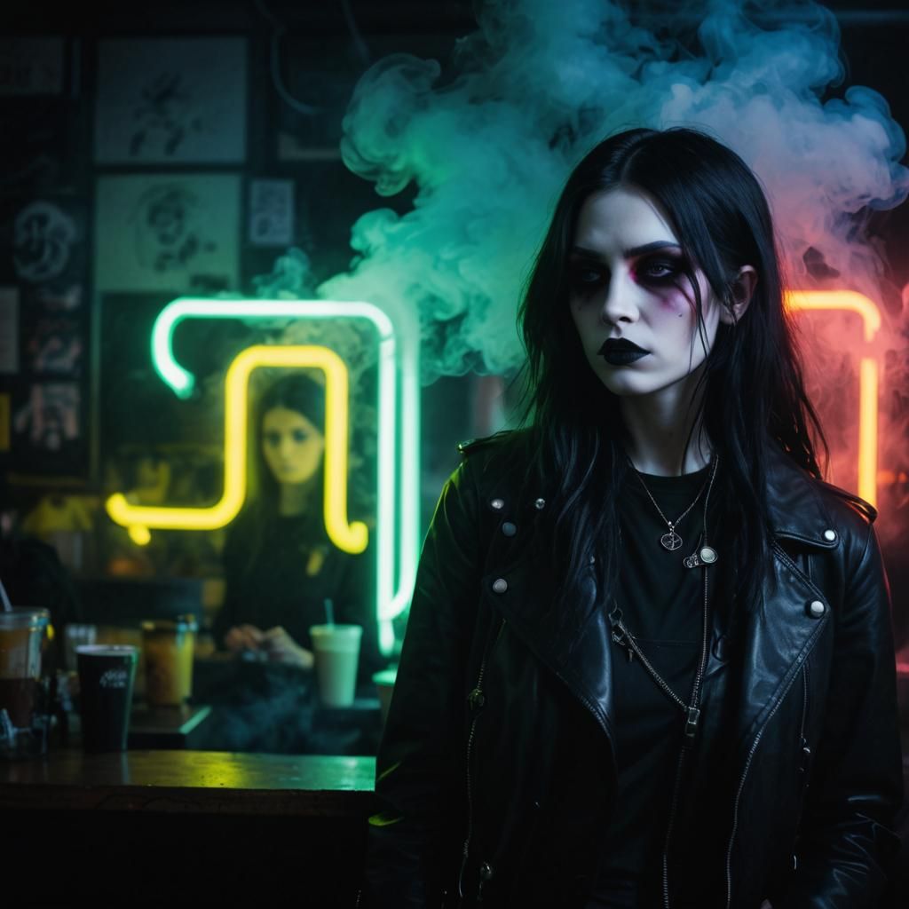 Goth Model in Neon-Lit Cyberpunk Coffee Shop