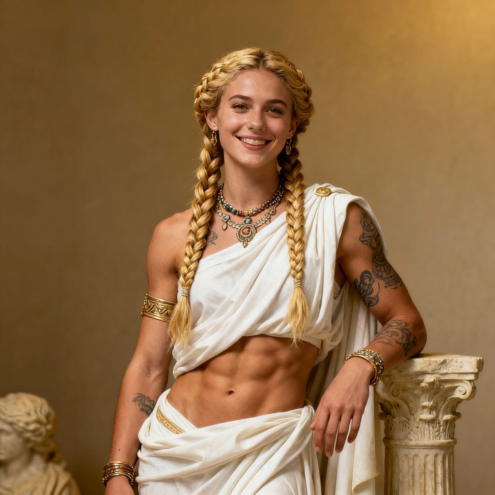 Athlete Woman in Roman Toga with Braided Hair